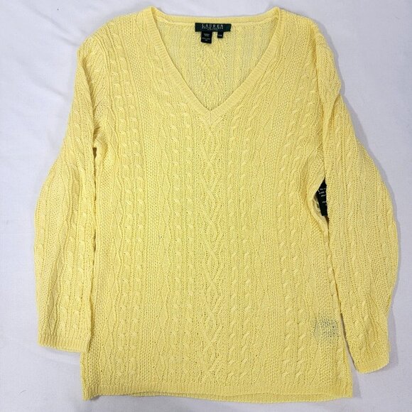 Ralph Lauren PETITE Women's Pullover Yellow Sweater MEDIUM PM New LINEN Long Sl - Picture 1 of 7